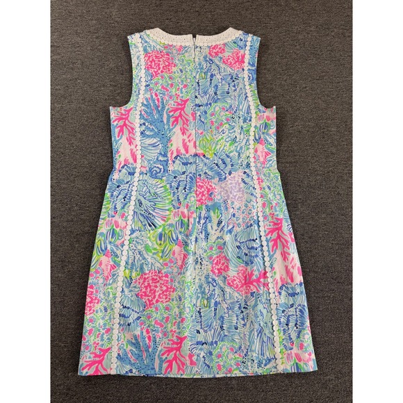 Lilly Pulitzer Dress Womens 12 Blue Pink Tropical Mila Shift Eyelet Trim - Picture 2 of 9